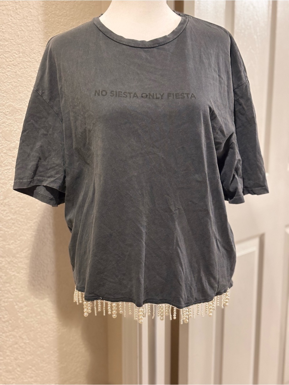 Zara Black "No Siesta Only Fiesta" Tee with Beaded Hem